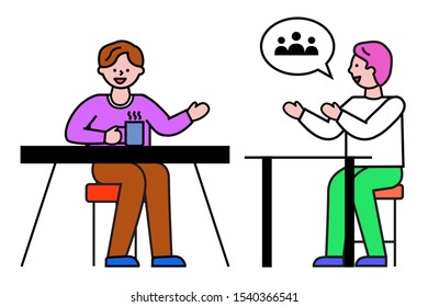People discussing business problems, isolated man sitting by table and drinking coffee from cup. Cooperation of characters at work. Professional discussion of workers. Businessman vector flat style