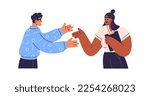 People discussing, chatting and gesturing. Man and woman experts explaining, speaking, talking about work. Communication, discussion concept. Flat vector illustration isolated on white background