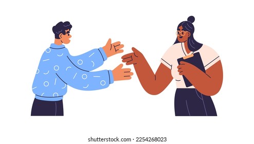 People discussing, chatting and gesturing. Man and woman experts explaining, speaking, talking about work. Communication, discussion concept. Flat vector illustration isolated on white background