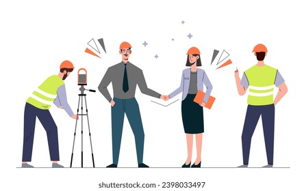 People discussing construction set. Man and woman in protective helmets build home or house. Engineers and workers with equipment. Cartoon flat vector collection isolated on white background