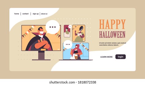 people discussing during video call happy halloween party coronavirus quarantine online communication men women in different costumes on digital devices screens portrait horizontal vector illustration