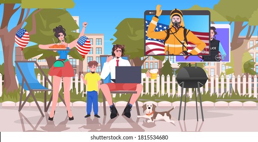 people discussing with firefighter and police officer in web browser windows family having fun on picnic barbecue party self isolation full length horizontal vector illustration