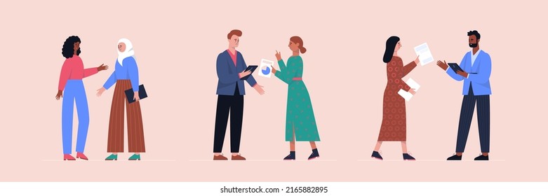 People discussing idea. Idea brainstorming, teamwork and communication concept. Vector set in a flat style