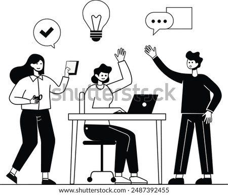 People discussing ideas with lightbulb and chat icons above. Black and white line art illustration. Teamwork and brainstorming concept for design and print