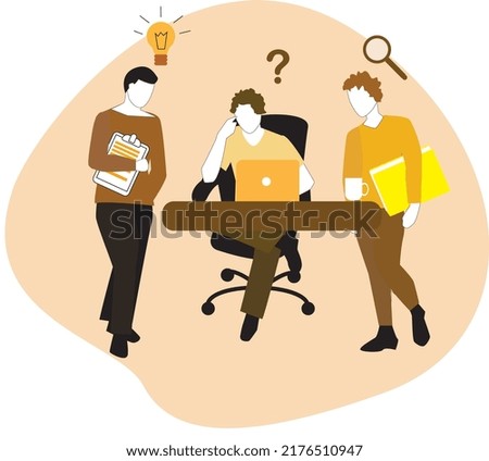 People discussing a problem. Brain storm. Managers in the office. Developpers at the computer. Flat illustration.