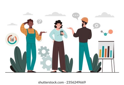 People discussing project. Men in uniform and protective helmet and woman near charts. Builders and architect work on common project. Engineering and construction. Cartoon flat vector illustration