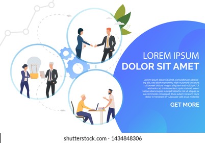 People discussing projects, new ideas, shaking hands. Business processes presentation slide template. Business concept. Vector illustration can be used for topics like communication, teamwork, deal
