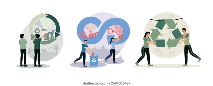 People discussing recycling, pollution reduction, and renewable energy. People promoting recycling. Two individuals working together with a recycling symbol. Set flat vector modern illustration 