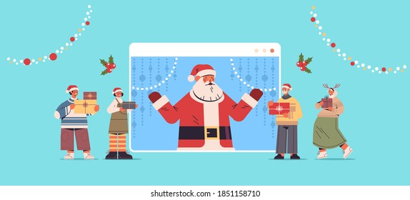 people discussing with santa claus in web browser window happy new year merry christmas holidays celebration self isolation online communication concept horizontal vector illustration
