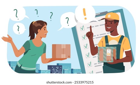 Personas sobre el servicio de envío FAQ. Cliente mujer persona haciendo preguntas entrega mensajero hombre dando consejos. Transporte respuestas, concepto de Asistencia de información Ilustración vectorial plana