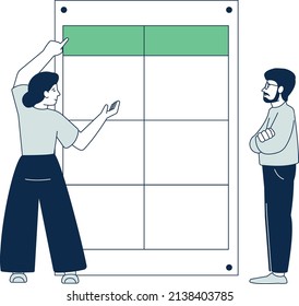 Gente discutiendo el horario de trabajo en la página de planeamiento gigante