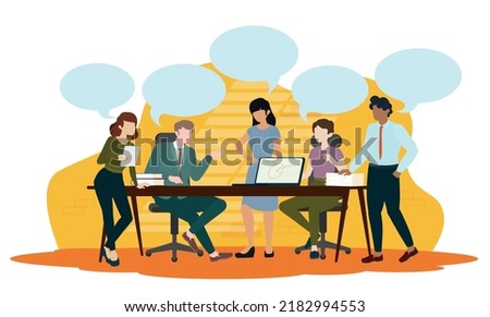 People discussion about work. Conference at office. Speach bubbles 
