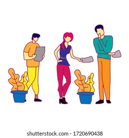 la gente discute el diseño de conjuntos de actividades con estilo de caricatura