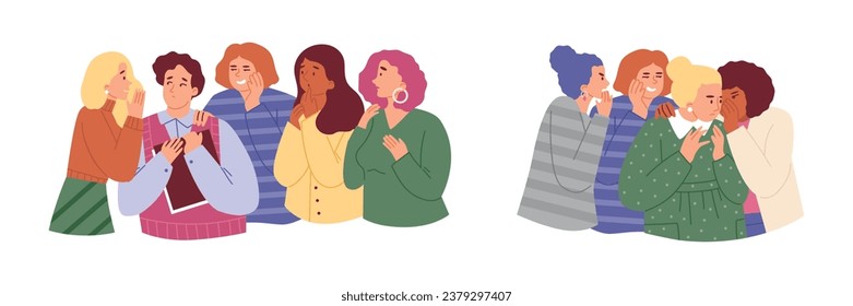 La gente discute, cotillean. Las mujeres, dos grupos y un hombre que cuentan, que susurran secretos cubren la boca. Sorprendida persona impactada escuchando rumores de colega, ilustración portadora de amigos