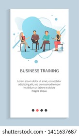 People discussion, portrait view of workers sitting on chairs and speaking, professional cooperation, slide with liquid shape and teamwork vector. Website or app slider, landing page flat style