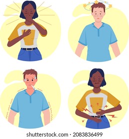 People with disease symptoms semi flat color vector character set. Posing figure. Full body people on white. Health isolated modern cartoon style illustration for graphic design and animation pack