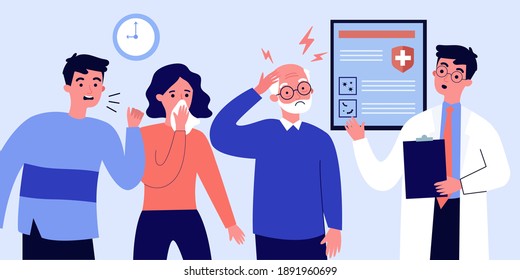 People with disease symptoms visiting doctor. Queue of patient, clinic, practitioner office. Flat vector illustration. Epidemic, virus concept for banner, website design or landing web page