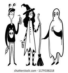 people disguised at a party in black and white
