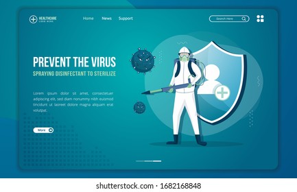 People with disinfectant sprayers to sterilize the virus on landing page template