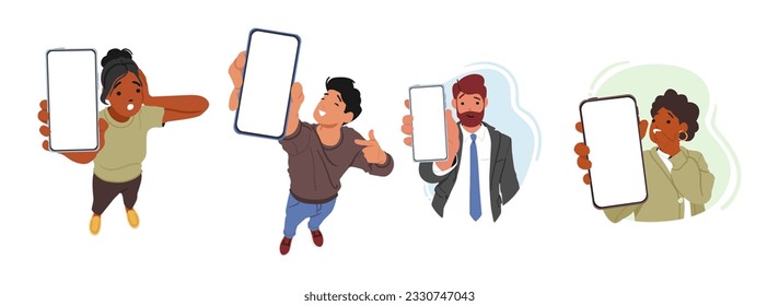 People Displaying Empty Smartphone Screens. Male Female Characters Represent The Potential For Creativity, Communication, And Limitless Opportunities In The Digital World. Cartoon Vector Illustration