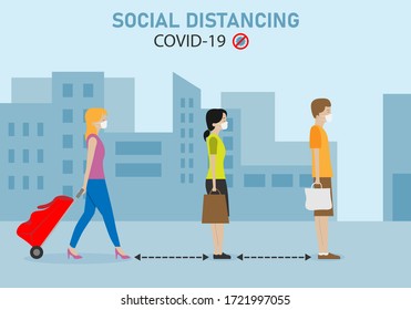 People with distance between them to go shopping. Social distance prevent covid-19