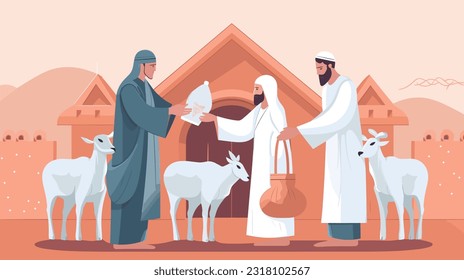  People distributing meat, Eid ul Adha Greetings, Bakra Eid Mubarak, Celebrations, Animal Vector Illustration, Muslim Festival