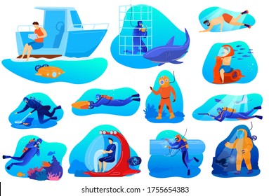 People dive vector illustrations. Cartoon flat diver character in scuba diving mask suit exploring underwater coral reef, swimming with tropical fish in deep sea water, extreme sport isolated on white