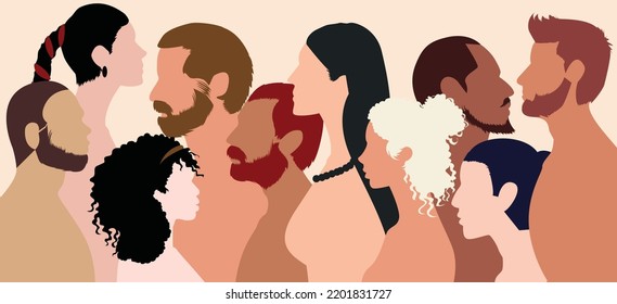 People from diverse cultures standing together in front of each other in a flat cartoon. Concept of racial equality and anti-racism. Multi-ethnic and multiracial diversity.