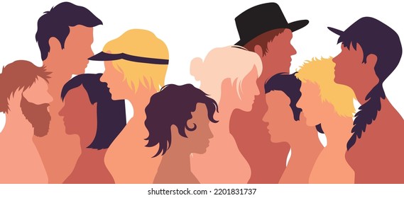 People from diverse cultures standing together in front of each other in a flat cartoon. Concept of racial equality and anti-racism. Multi-ethnic and multiracial diversity.