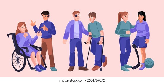 People with diverse disabilities, physical incapacities. Vector set of flat illustrations with men and women in wheelchair, with crutch, leg prosthesis, hearing aid and bandage on eye
