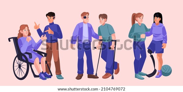 People\
with diverse disabilities, physical incapacities. Vector set of\
flat illustrations with men and women in wheelchair, with crutch,\
leg prosthesis, hearing aid and bandage on\
eye