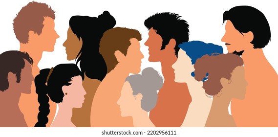 People of diverse ethnicities living together in a multicultural community. Flat cartoon men and women from different cultures and countries. Crowd of people.