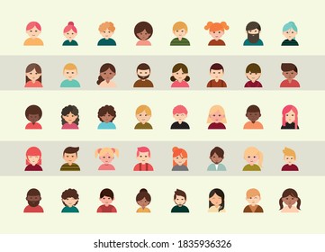 personas diversas caras de diferentes etnias iconos planos conjunto ilustración vectorial