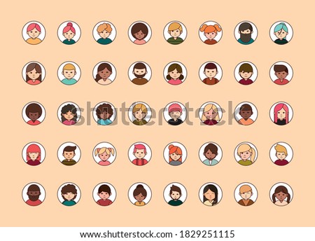 people diverse faces of different ethnicity, round line icons set vector illustration