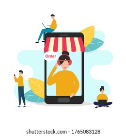 People with diverse gadgets and grocery customer service lady in phone screen, e-commerce comcept, vector