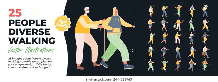 People Diverse Walking Illustration. Mega Bundle. Diverse people male, female, man, woman, young, adult, old. Vector Illustration