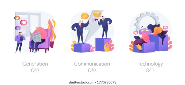 People diversity abstract concept vector illustration set. Generation and communication gap, technology gap, society development, information exchange, digital divide, relationship abstract metaphor.