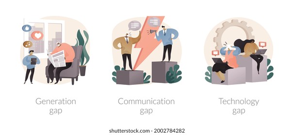 People Diversity Abstract Concept Vector Illustration Set. Generation And Communication Gap, Technology Gap, Society Development, Information Exchange, Digital Divide, Relationship Abstract Metaphor.