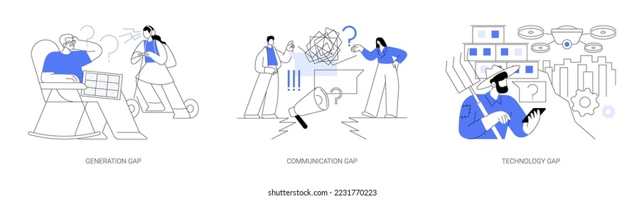 People diversity abstract concept vector illustration set. Generation and communication gap, technology gap, society development, information exchange, digital divide, relationship abstract metaphor.