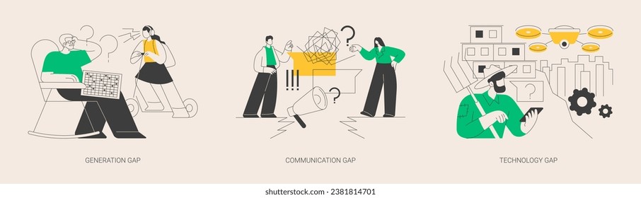 People diversity abstract concept vector illustration set. Generation and communication gap, technology gap, society development, information exchange, digital divide, relationship abstract metaphor.