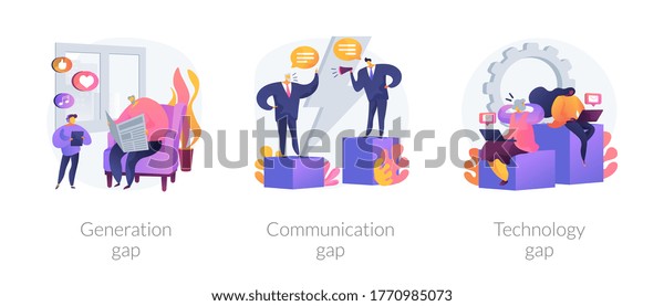 People diversity abstract concept vector\
illustration set. Generation and communication gap, technology gap,\
society development, information exchange, digital divide,\
relationship abstract\
metaphor.