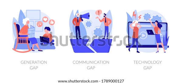People diversity abstract concept vector\
illustration set. Generation and communication gap, technology gap,\
society development, information exchange, digital divide,\
relationship abstract\
metaphor.