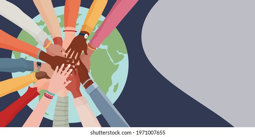 People diversity. Arms and hands on top of each other on the globe. People of diverse race culture ethnicity and country. Integration.Coexistence.Multicultural society. Banner copy space