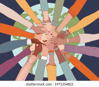 People diversity. Arms and hands on top of each other on the globe.People of diverse race culture ethnicity and country.Integration.Coexistence.Multicultural society. Agreement.Community