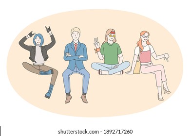 People diversity concept. Group of young businessman, punk woman, hippie and smiling lady cartoon characters sitting together and showing gestures vector illustration 