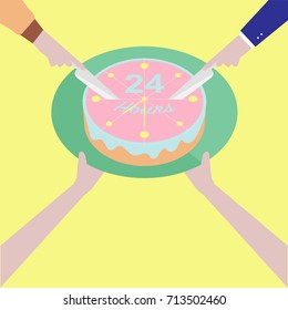 People divide the 24-hours cake which hand on by someone imply how we manage time. Time management concept. Vector Illustration.  