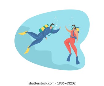 People diving. Fascinating deep dive into tropical corals. Male and female characters with scuba gear masks swimming underwater. Extreme exploration undersea world. Vector flat illustration isolated