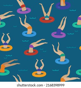 People diving, jumping into water throw the rubber ring on the beach, water pool. Having fun, summer time. vector illustration, seamless pattern with swimming people isolated on blue background.