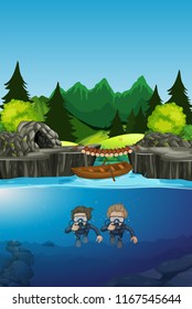 People diving under the lake illustration