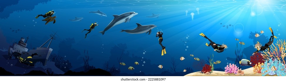 People diving under water in ocean with wild life dolphins, fish, turtle. Colorful coral reef in blue sea background. Free divers travelling and explore seascape. Sunken on seabed. Vector illustration